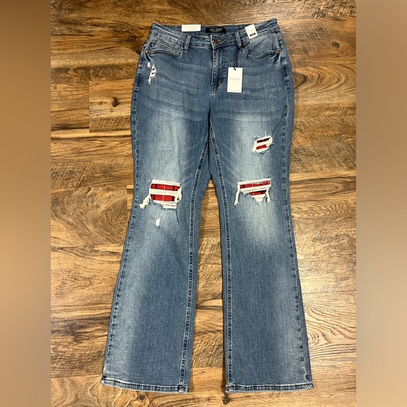 Judy Blue Mid Rise Bootcut Jeans Women's 16W Plaid Patch Adult New - Picture 3 of 14